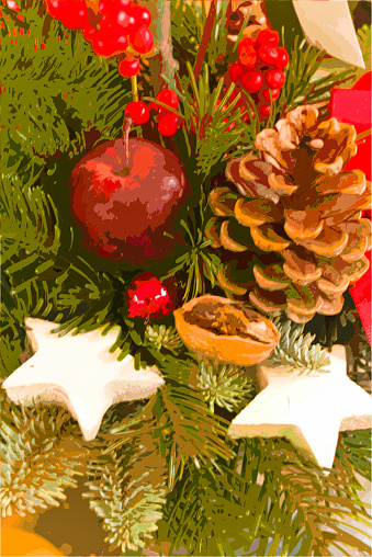 Vector Christmas background arrangement  with red berries, apple, walnut, white stars, fir branches, pine cones and bows.