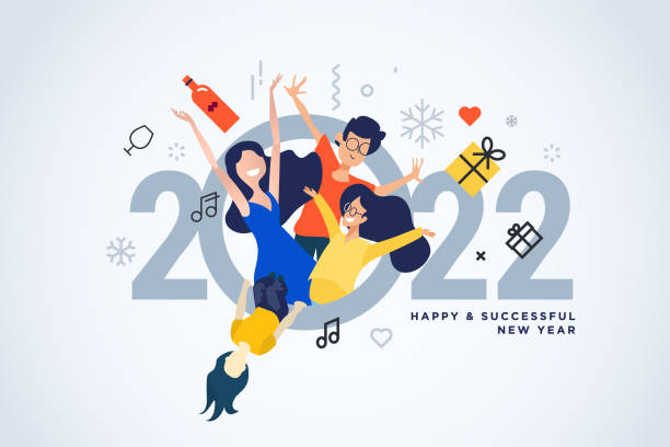 ilustraciones, imágenes clip art, dibujos animados e iconos de stock de tarjeta de felicitación feliz de año nuevo 2022. - new years illustrations