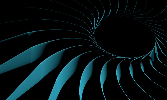 Black background with blue helicoidal machine element on foreground.