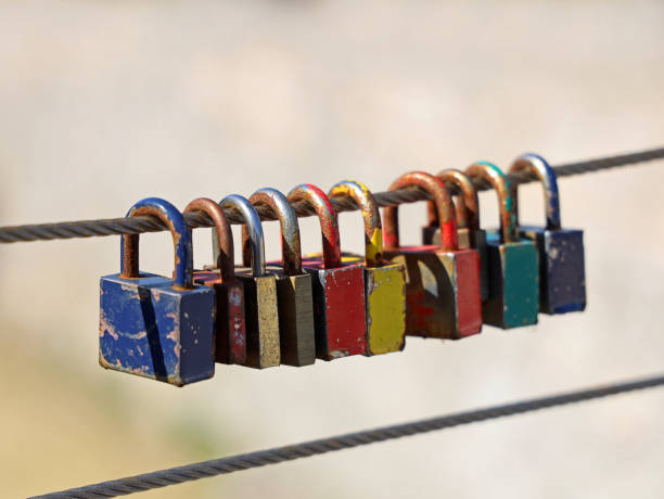 istock rusty old colourful padlocks on steel wire 1344411822
