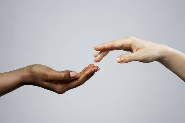 istock African and Caucasian female hands on gray background 1344411932