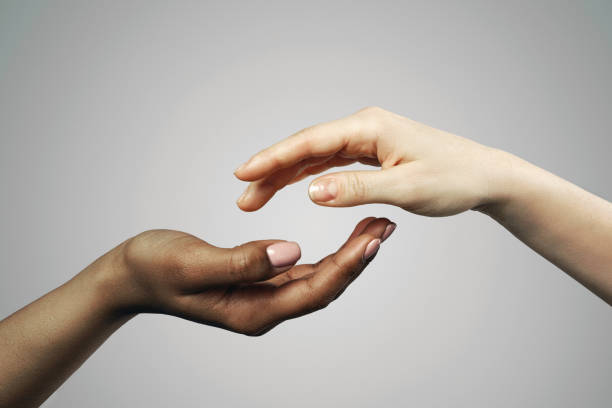 istock African and Caucasian female hands on gray background 1344411955