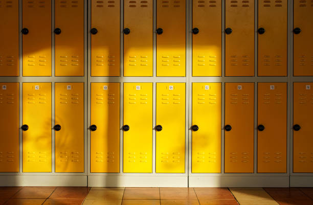 istock Sun shines on empty elementary school hall, numbered lockers at the wall 1344411989