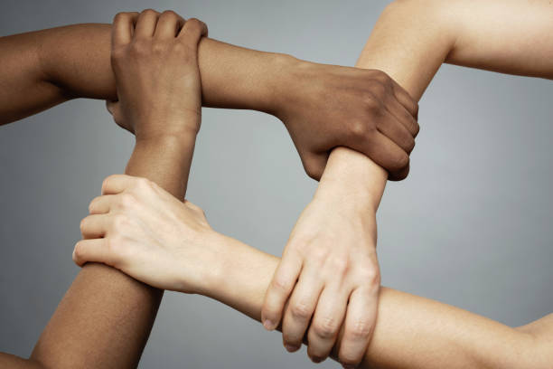 istock African and Caucasian female hands on gray background 1344412014