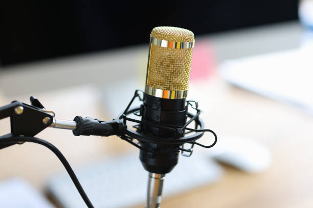 istock Professional microphone gold black for performances closeup 1344412620