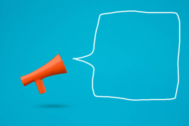 istock Blank speech bubble with red 3d megaphone icon against blue background. Advertisement idea with empty speech balloon. Minimal banner ad design template. 3D illustration background. 1344415297