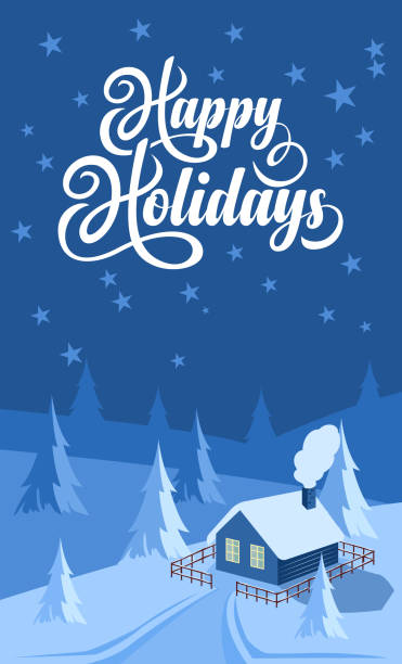 ilustraciones, imágenes clip art, dibujos animados e iconos de stock de fondo de paisaje invernal con texto happy holidays - happy holidays