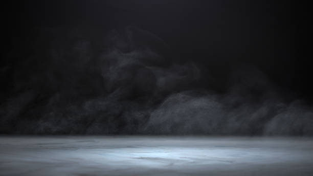 Gray textured concrete platform, podium or table with steam in the dark stock photo