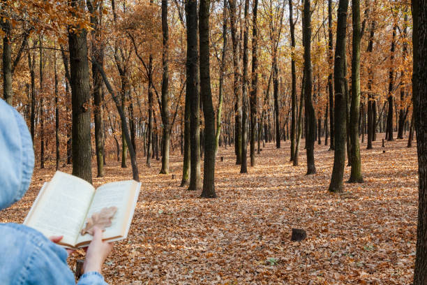 Mysterious autumn reading. A woman in a jacket with a hood reads a book against the background of trees. Brown leaves are lying on the ground. Instead of a bookmark, oak foxes are used in the book.