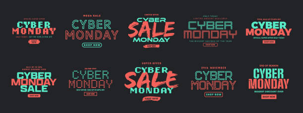 cyber monday sale vector banner set modern typography design isolated on black background - cyber monday 幅插畫檔、美工圖案、卡通及圖標