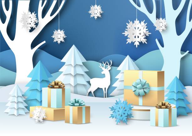 Merry Christmas scene, vector illustration. Gift box with ribbon and bow on display podium, paper cut winter background. Merry Christmas scene, vector illustration. Gift box with ribbon and bow on display podium, paper cut winter background with deer silhouette. christmas wrapping paper stock illustrations