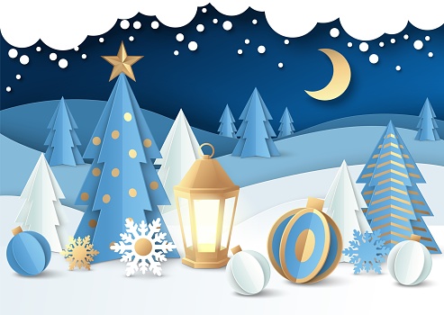 Merry Christmas scene, vector illustration in paper art style. Decorated Christmas tree with balls, lantern, winter night forest landscape.