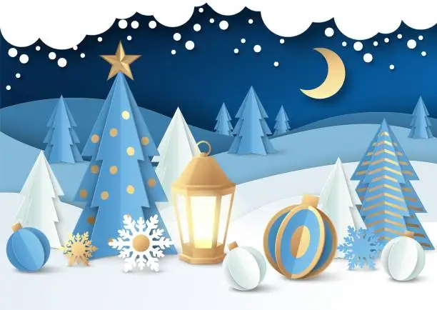 Vector illustration of Merry Christmas scene, vector paper cut illustration. Christmas tree with balls, lantern, winter night forest landscape.