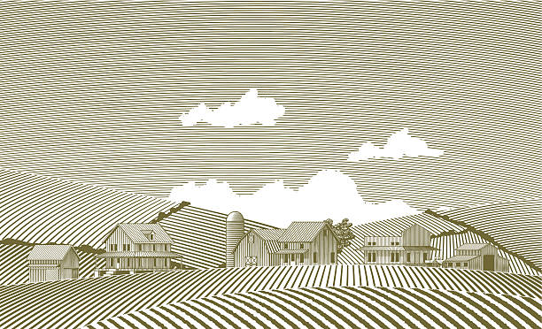 Woodcut Village Woodcut style illustration of a small rural village. small town main street stock illustrations