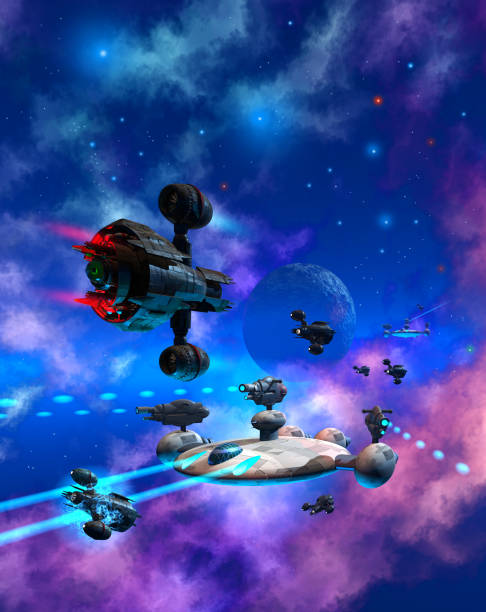 istock Space Battle around a alien planet in the nebula, 3d illustration 1344421949