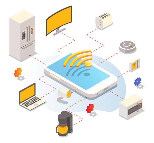 istock Internet of things, iot, automated home. Smart household appliances and devices controlled by mobile phone, vector. 1344423320