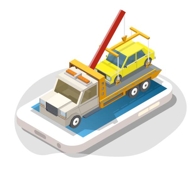 illustrazioni stock, clip art, cartoni animati e icone di tendenza di smartphone isometrico con auto gialla sul carro attrezzi sullo schermo. assistenza stradale, servizio online di traino auto, vettoriale. - auto accidents symbol insurance computer icon