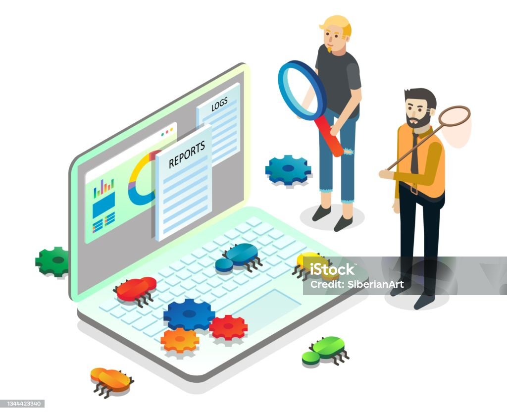 Computer Bug Handler People Catching Bugs On Computer Screen Vector Isometric Illustration ...