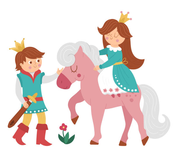 ilustrações de stock, clip art, desenhos animados e ícones de fairy tale prince with princess on a pink horse on white background. vector fantasy young monarch in crown with girl. medieval fairytale characters. cartoon magic sovereign icon. love scene - 5599