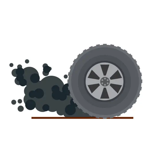 Vector illustration of Tire of car. Speed and racing. Cartoon flat illustration. Gray smoke from wheel