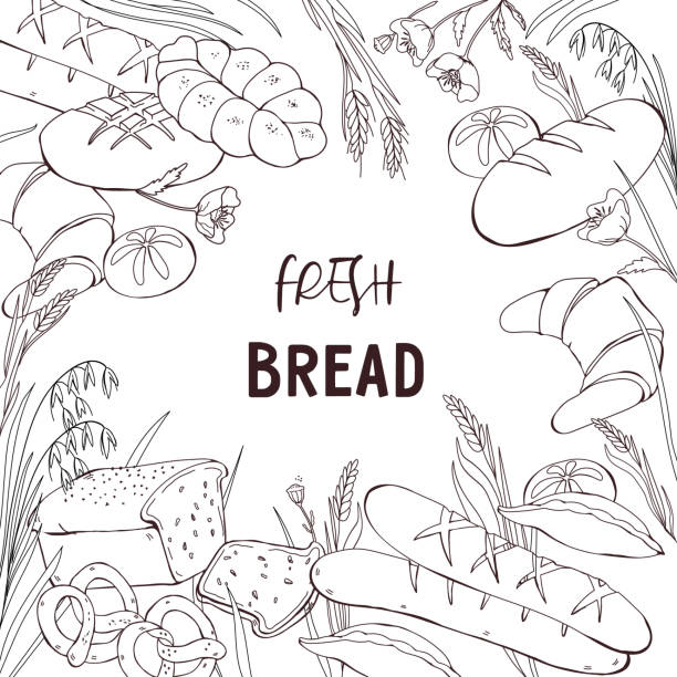 Bakery banner template with hand drawn bread products. Bakehouse or shop banner. Bakery banner template with hand drawn bread products. Bakehouse or shop banner or poster design, flat vector illustration on white background. bread backgrounds stock illustrations