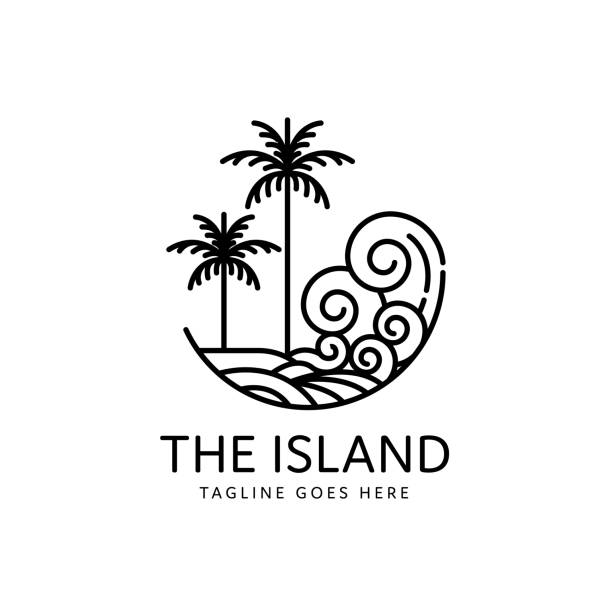 two palm trees on a tropical beach monoline design tropical beach sea waves with two palm trees monoline style design island illustrations stock illustrations