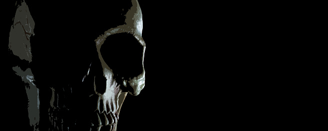 Illustratition of a human skull with rim lighting from the left on a black background with copy space to the left
