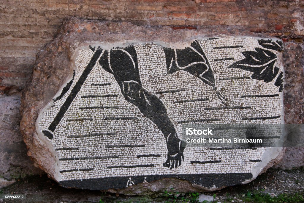 Fragments of an old mosaic in the Baths of Caracalla, Rome Byzantine Stock Photo