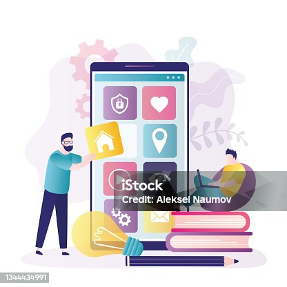 istock Man constructs app interface. Team creates custom design for mobile application. Different applications icons on smartphone screen 1344434991
