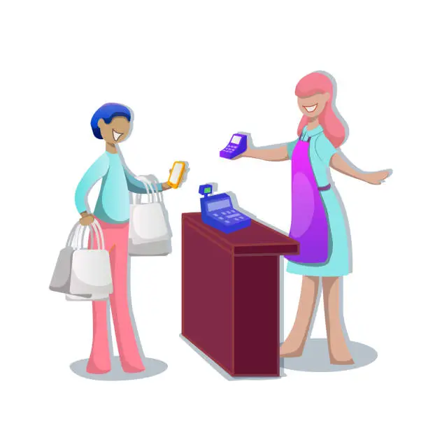 Vector illustration of A customer pays wirelessly with a smartphone at a supermarket checkout. Cashier accepts payment. Vector flat illustration isolated on white background.