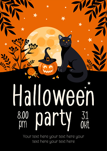 Halloween party flyer. Bright vector illustration. Pumpkin jack-o-lantern, black cat, witch hat, lollipop, moon. For advertising banner, poster, flyer