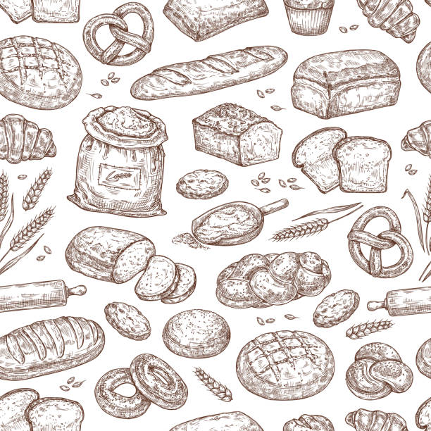 ilustrações de stock, clip art, desenhos animados e ícones de seamless sketch pattern with pastries, bread, flour on a white background. background in vintage style - cooking backgrounds breakfast cake