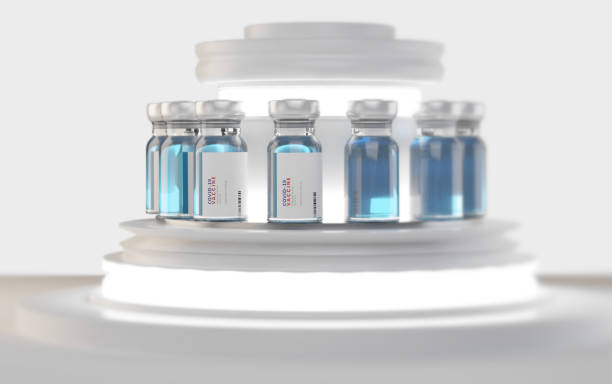 ワクチン接種の設計。covid-19 コロナウイルスは科学またはワクチン生産として。ガラス瓶中のワクチン投与 3d-イラスト - shipping supplies ストックフォトと画像