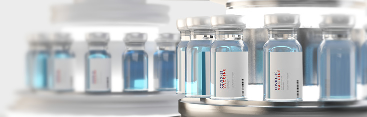 Vaccination design. COVID-19 Coronavirus as science or vaccine production. Vaccine doses in glass bottles 3d-illustration