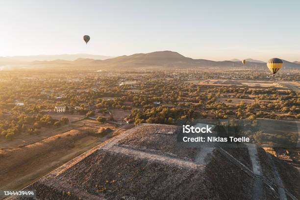Pyramids And Hot Air Balloons Stock Photo - Download Image Now - Teotihuacan, Pyramid, Mexico