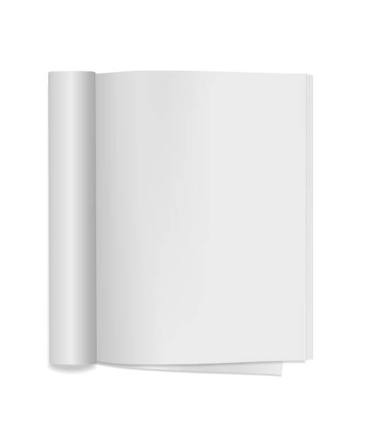 istock Vector realistic blank open magazine with rolled page and soft cover. Mockup of Magazine, catalog or brochure on white background. Vertical empty pages. EPS10. 1344439554