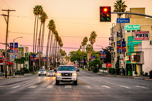 October 20,  2018 - Los Angeles, California. USA: Hollywood traffic in streets of Los Angeles at sunset