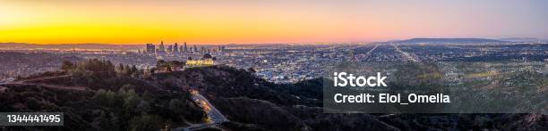 Los Angeles Skyline At Sunrise Panorama And Griffith Park Observatory In The Foreground California Usa Stock Photo - Download Image Now