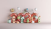 Happy new year 2022 decoration background with house building, balloon gift box, 3D rendering illustration