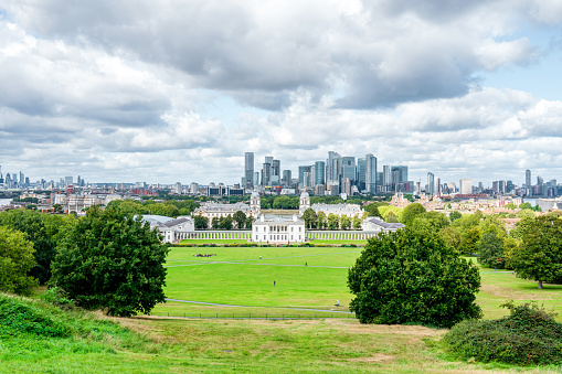 Greenwich College with the financial district of the Docklands in the background, Greenwich Park