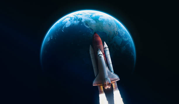 istock Shuttle rocket on orbit of Earth planet sphere. Black dark space. Space craft in deep galaxy. Continents and oceans. Elements of this image furnished by NASA 1344443928