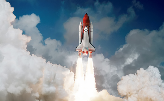 Space shuttle rocket launch in the sky and clouds to outer space. Sky and clouds. Spacecraft flight. Elements of this image furnished by NASA (url: https://www.nasa.gov/sites/default/files/styles/full_width_feature/public/images/164234main_image_feature_713_ys_full.jpg)