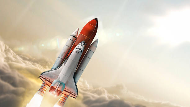istock Space shuttle rocket fly in sky with clouds from Earth planet to space. Expedition in solar system. Elements of this image furnished by NASA 1344443933