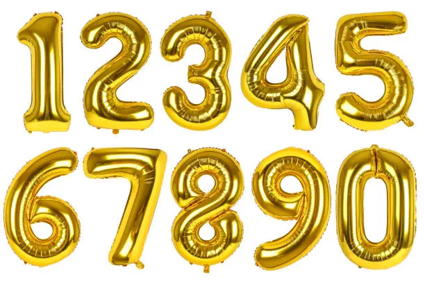 Set of foil golden balloons with numbers on isolated white background