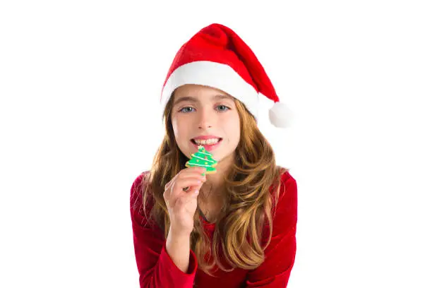 Christmas kid girl Xmas tree cookie isolated on white background