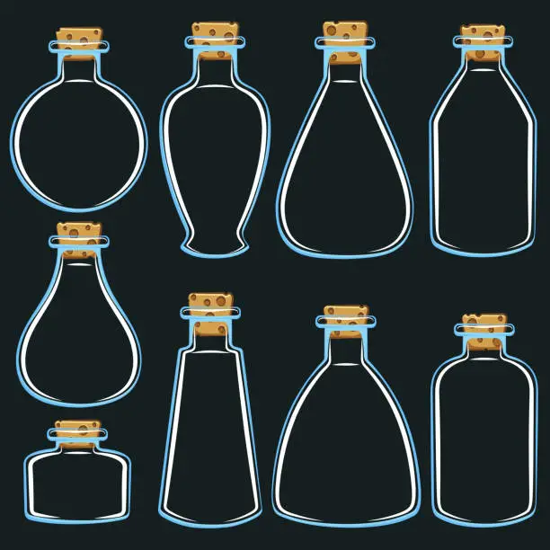Vector illustration of Set of blue cans, vials, bottles. Isolated vector objects on black.