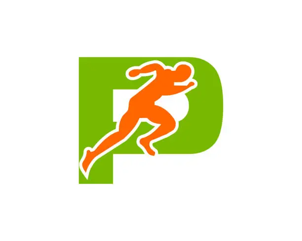 Vector illustration of Sport Running Man Front View On Letter P Logo. Running man Silhouette Logo Template For Marathon, template, Running Club Or Sports Club Logo