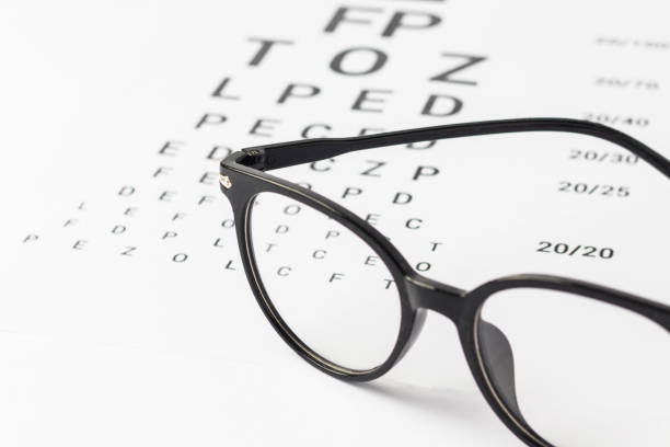 istock Eyeglasses with black frame on visual test chart isolated on white. Eyesight, healthcare and medicine concept. 1344450229