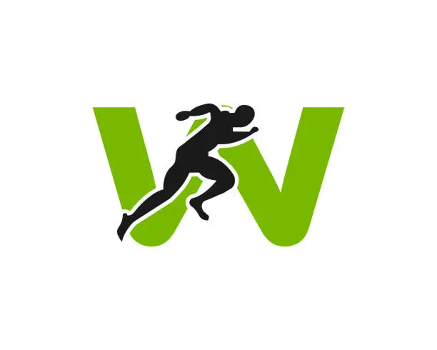 Vector illustration of Sport Running Man Front View On Letter W Logo. Running man Silhouette Logo Template For Marathon, template, Running Club Or Sports Club Logo