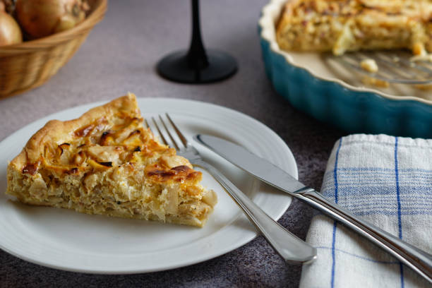 istock A piece of onion tart on a plate. 1344452281